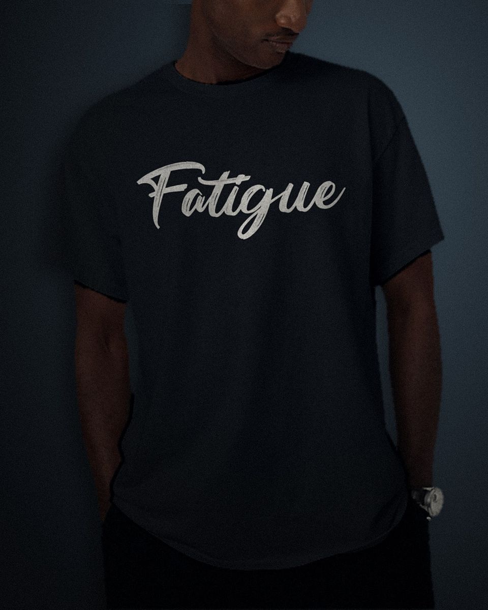 Brush Script tee in black, white full chest print, worn by a model