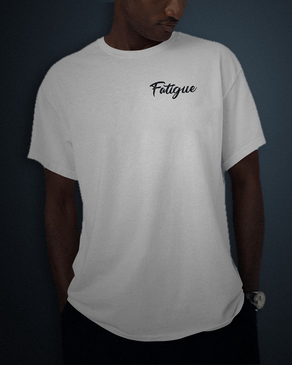 Brush Script tee in white, black left chest print, worn by a model