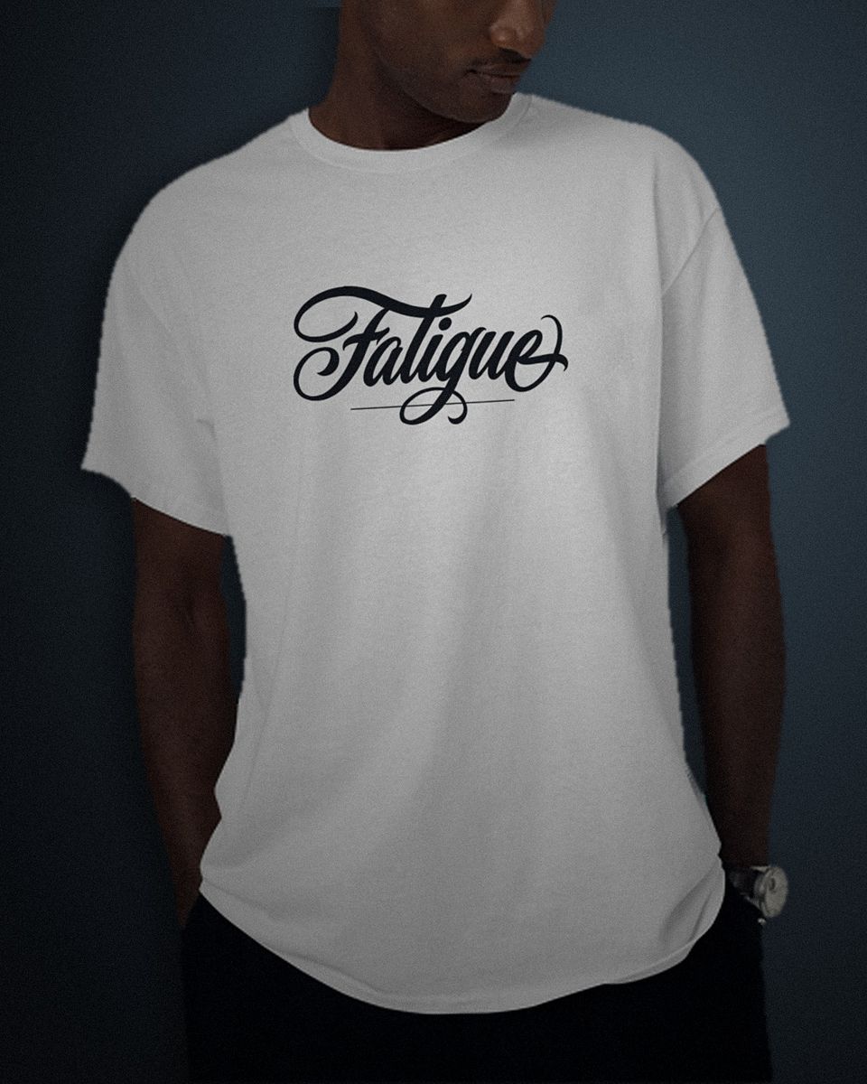 Copperplate Script tee in white, black full chest print, worn by a model