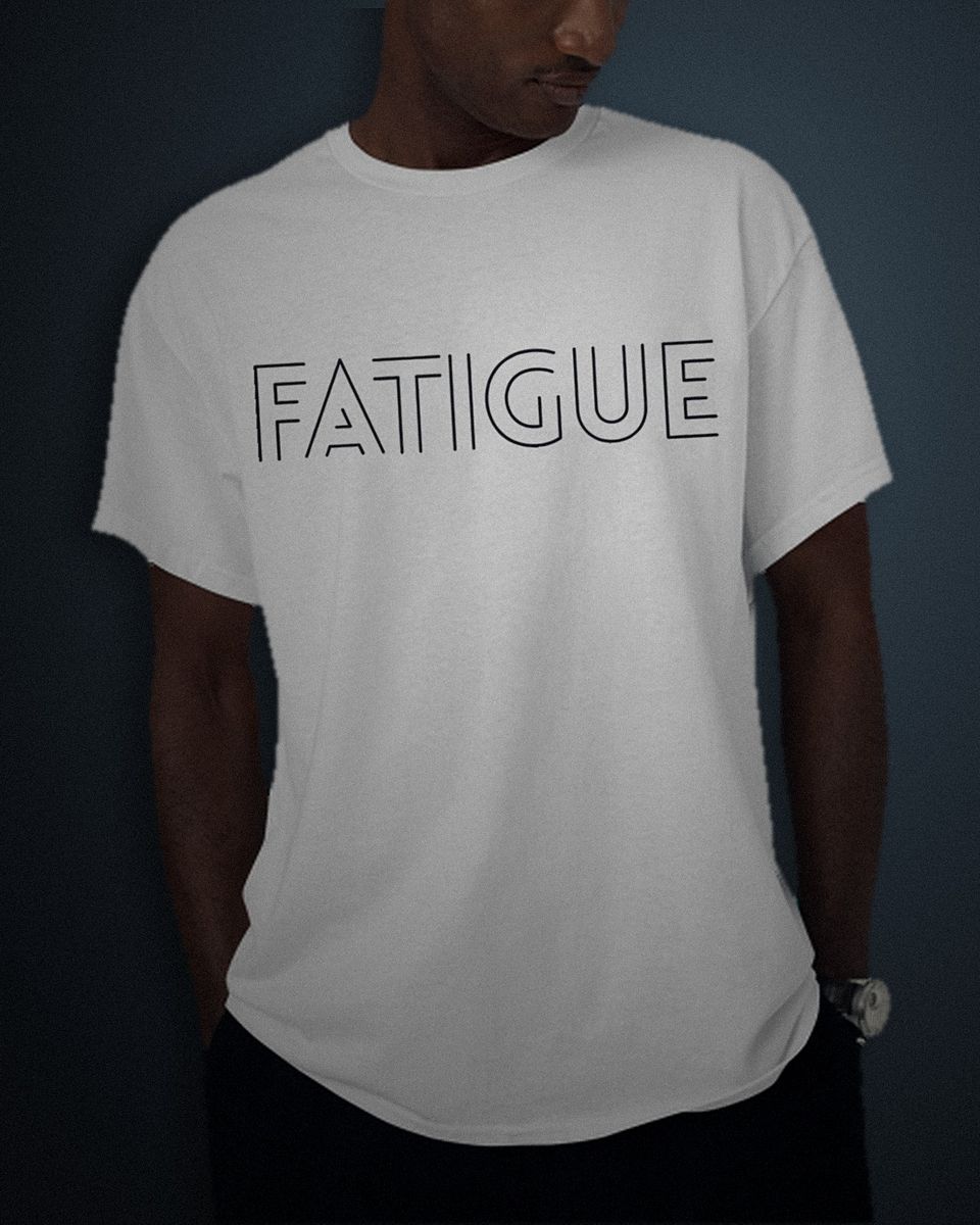 Hollow Outline tee in white, black full chest print, worn by a model