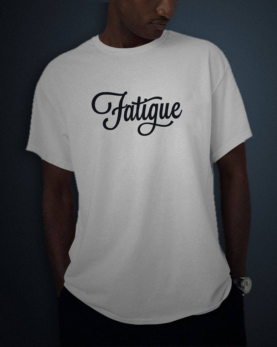 Retro Script tee in white, black full chest print, worn by a model